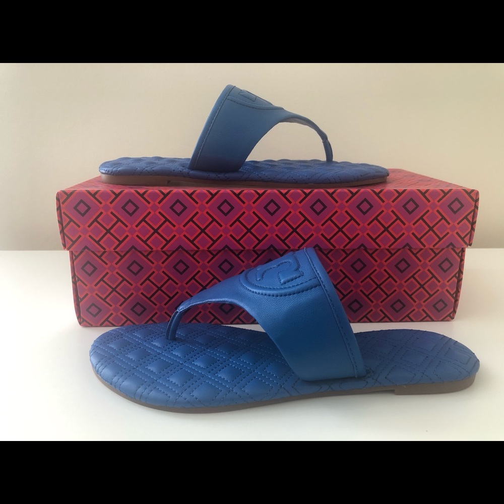 Tory Burch Fleming Flat Thong Blue Leather Sandal